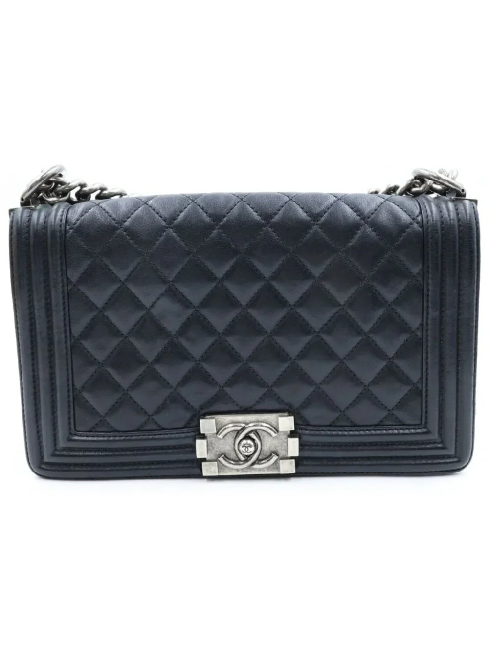 Chanel Boy 25 Quilted Lambskin Silver Chain Shoulder Bag Black